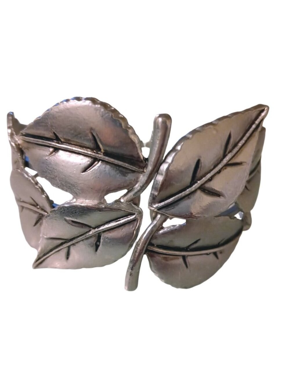 Boho Fairy Leaf Motif Bangle Cuff Bracelet Wide Timeless Patina Silver Tone